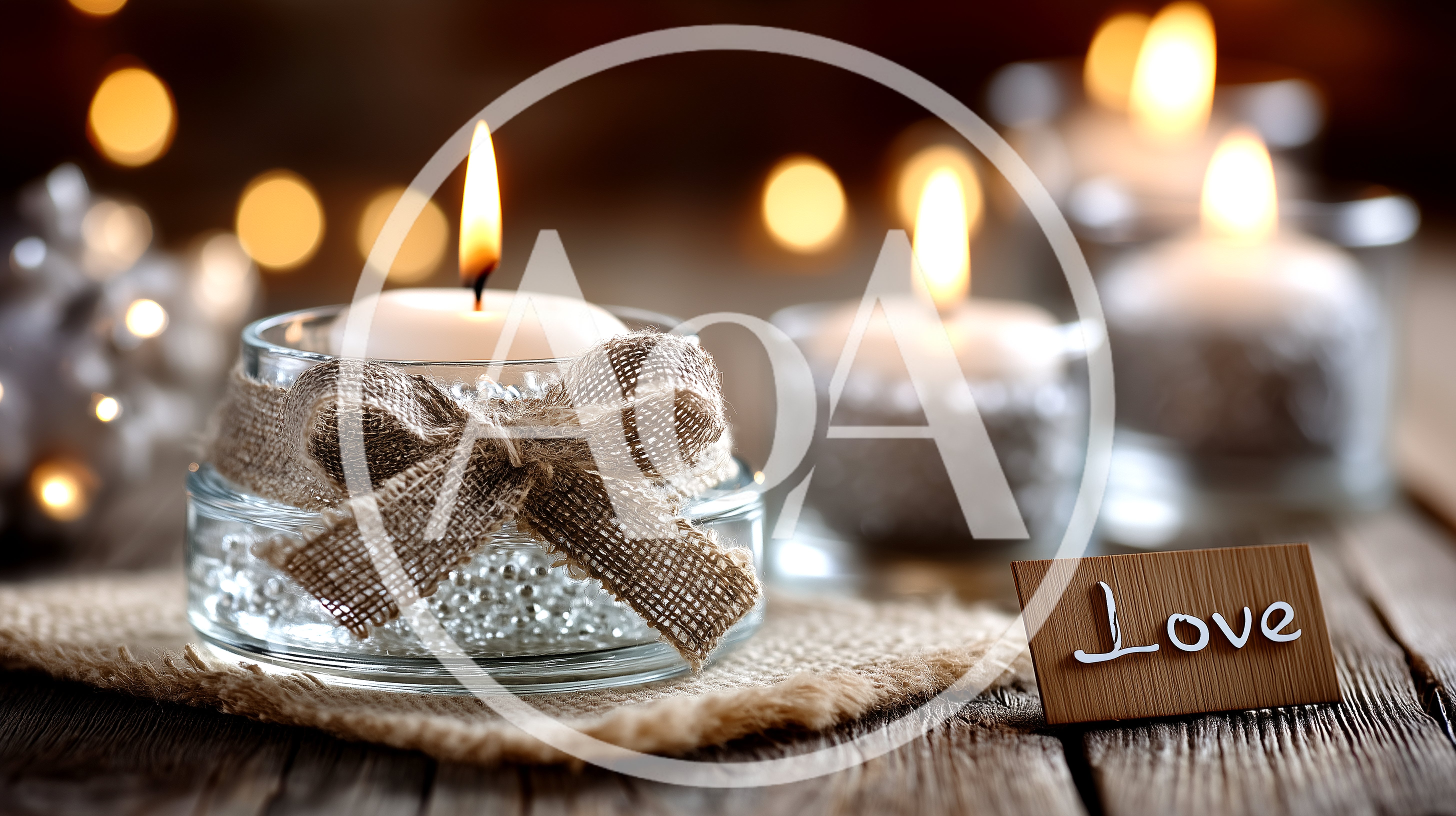 Romantic Candles With Burlap Bows And Love Sign