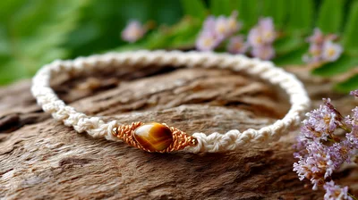 Macrame Bracelet With Tiger Eye Gemstone On Wood