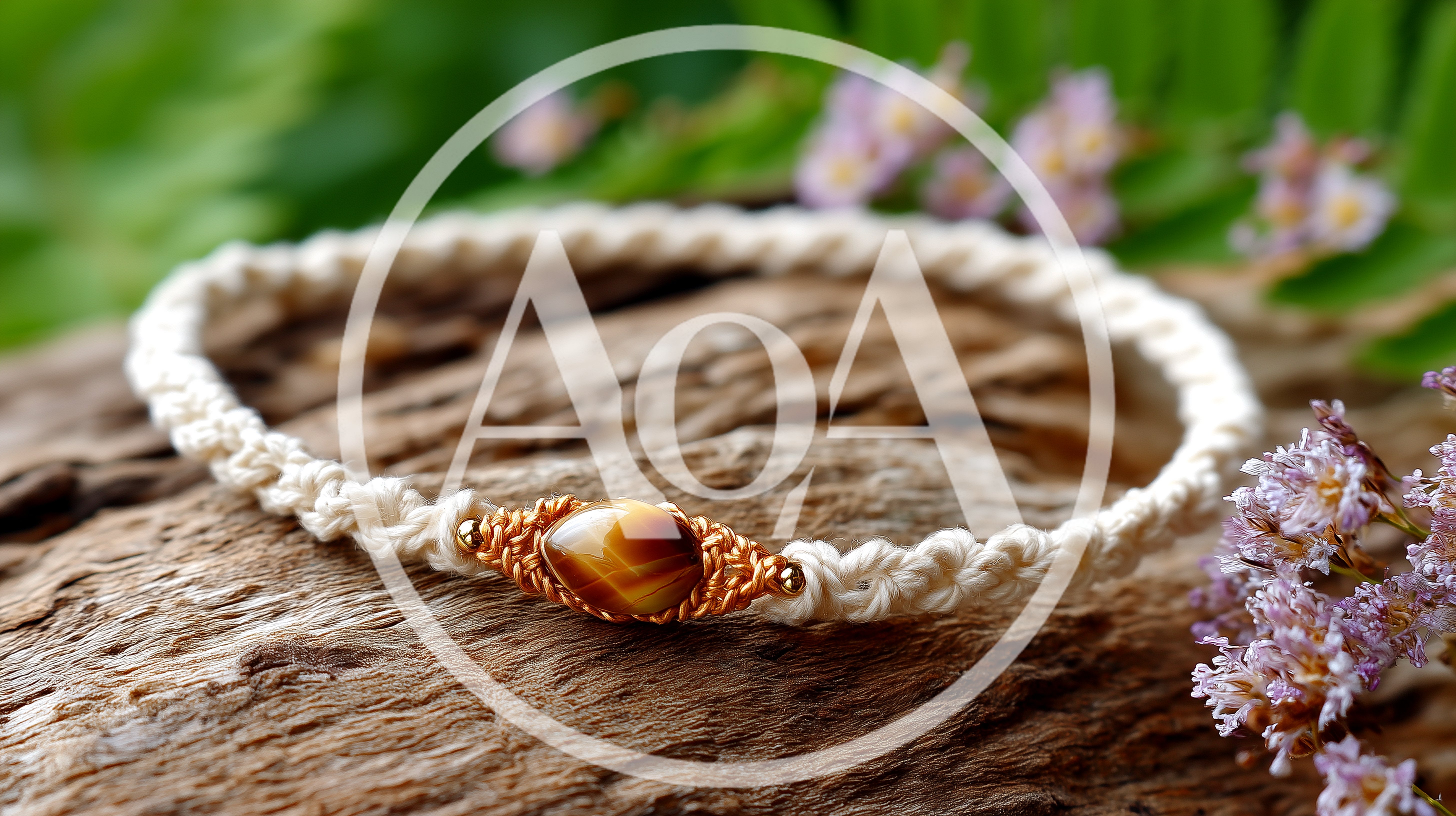 Macrame Bracelet With Tiger Eye Gemstone On Wood
