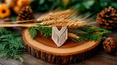 Macrame Wall Hanging On Wooden Slice With Wheat