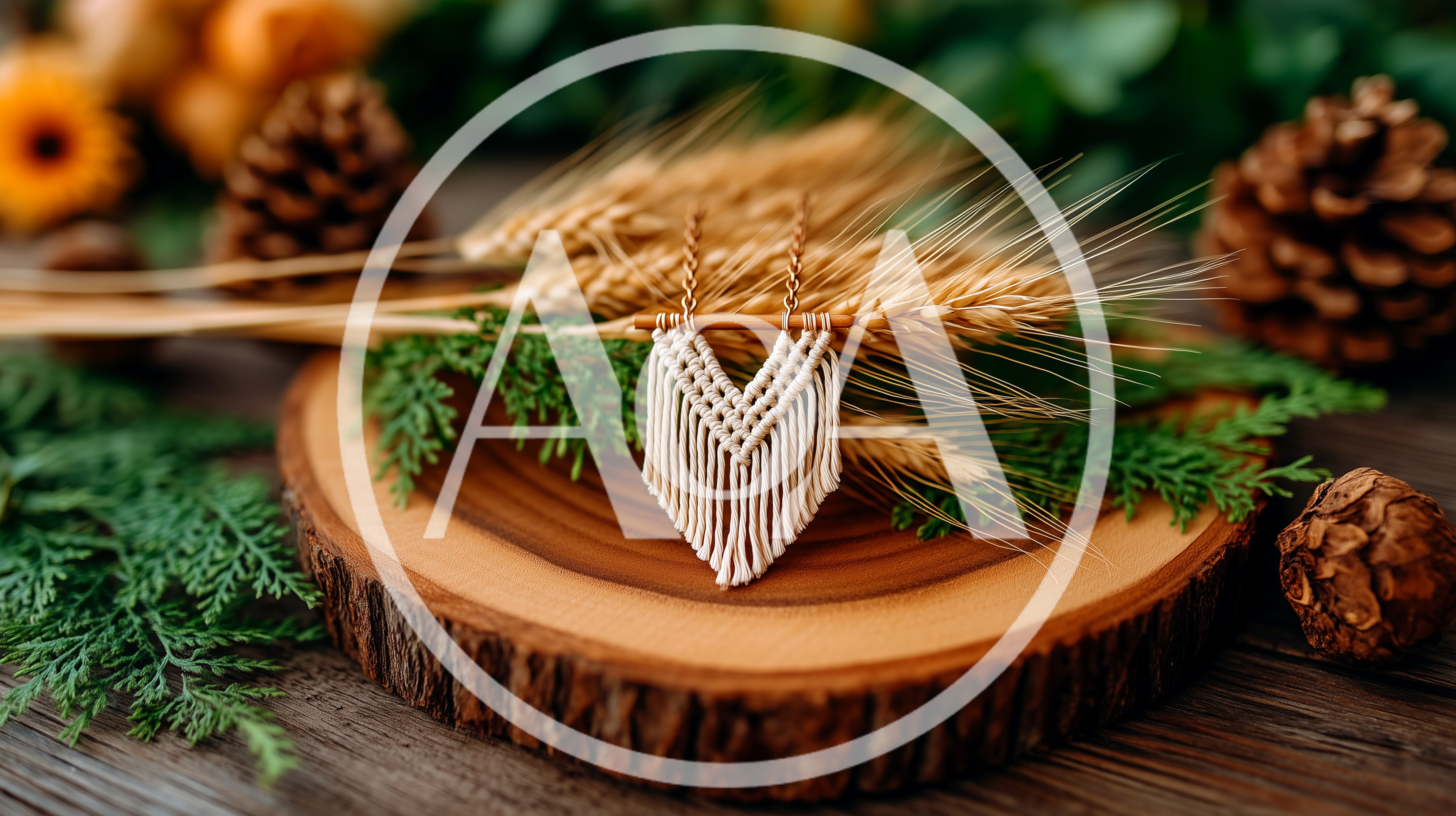 Macrame Wall Hanging On Wooden Slice With Wheat