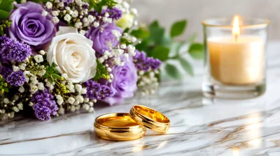Two Gold Wedding Rings Beside Floral Bouquet and Candle