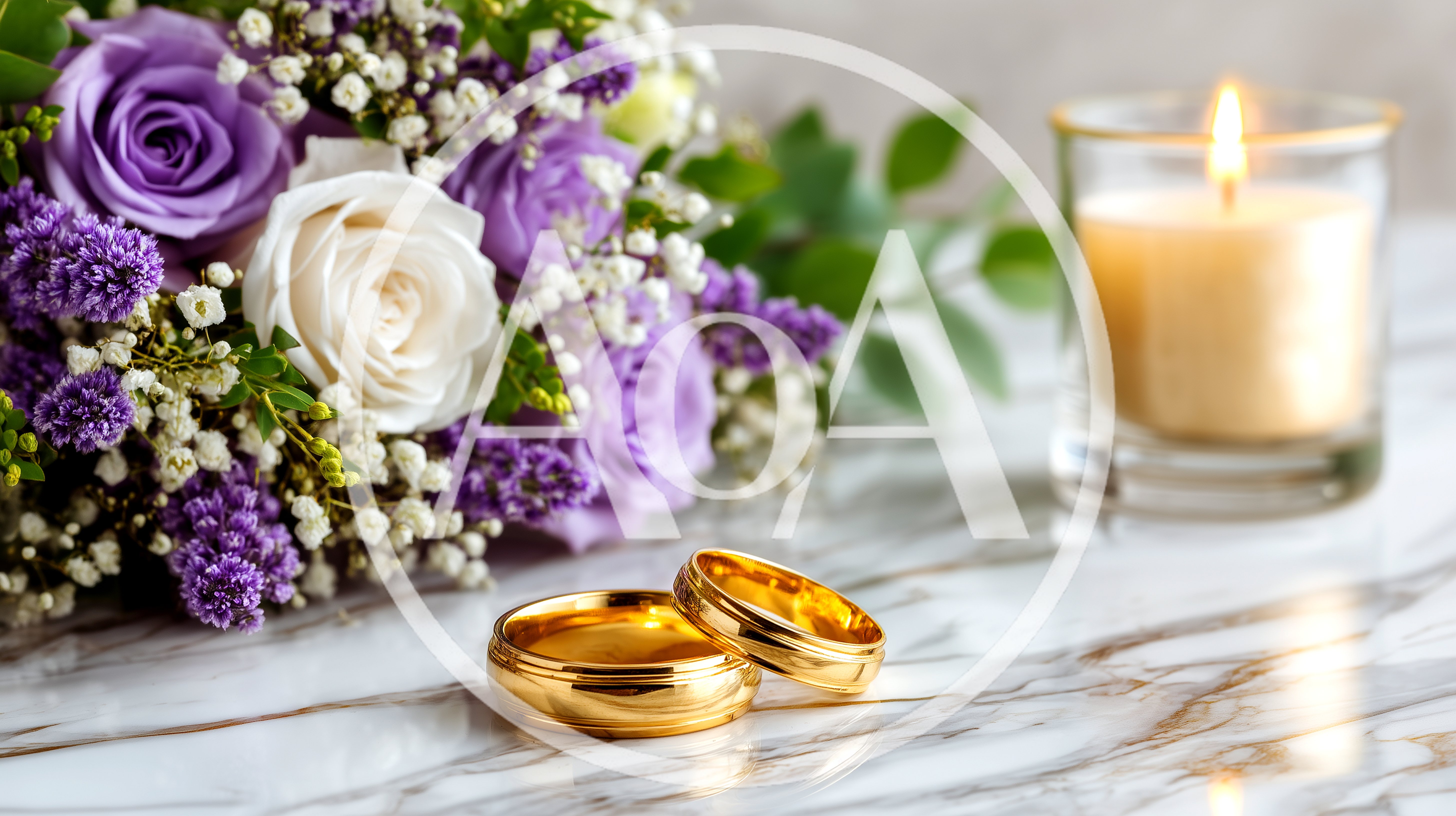 Two Gold Wedding Rings Beside Floral Bouquet and Candle