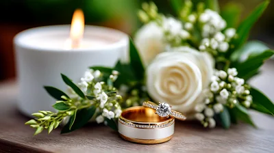 Wedding Rings With White Roses And Lit Candle