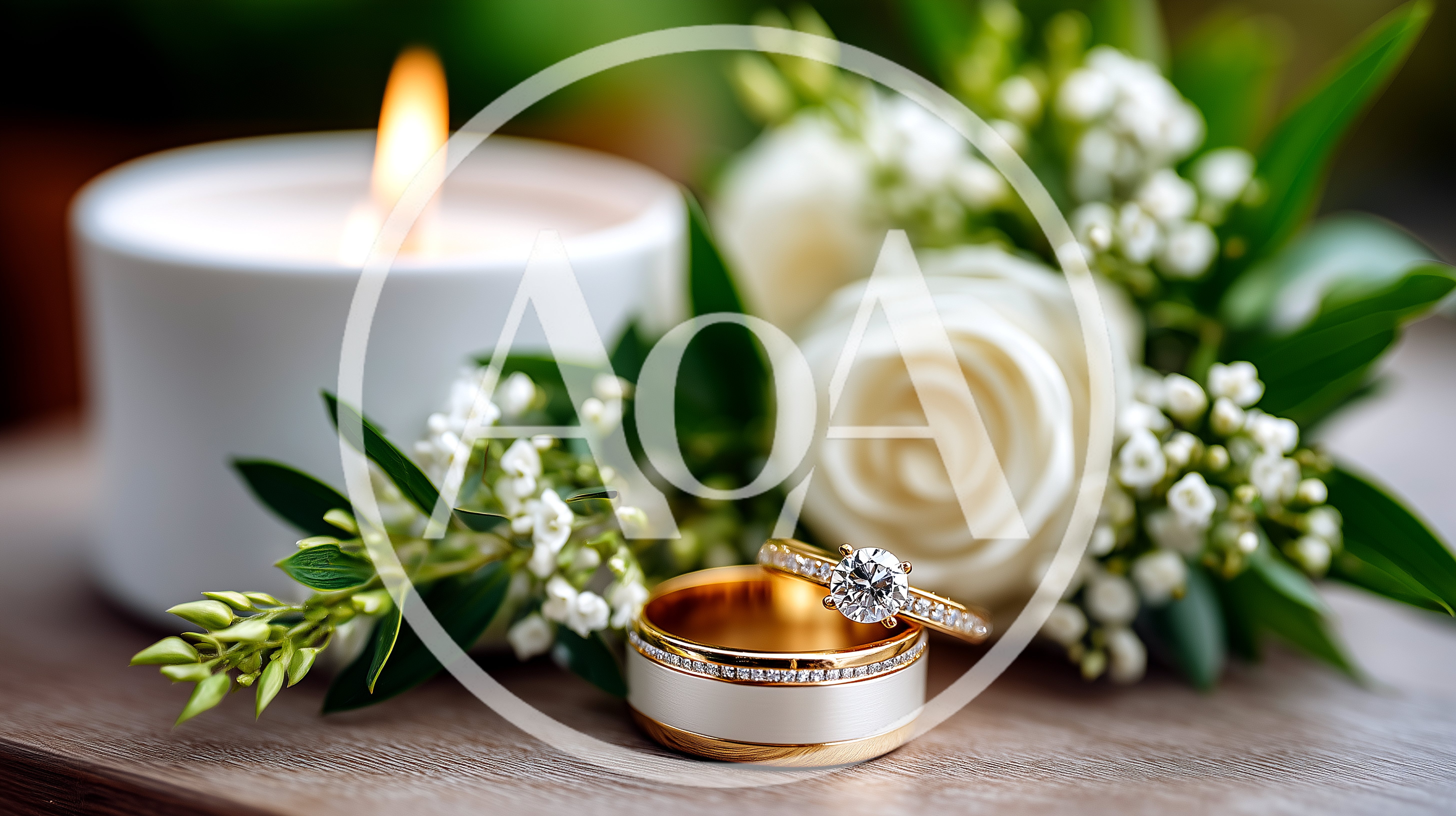 Wedding Rings With White Roses And Lit Candle