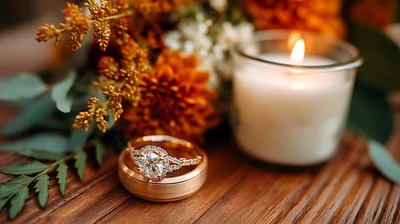 Wedding Rings With Candle And Autumn Flowers