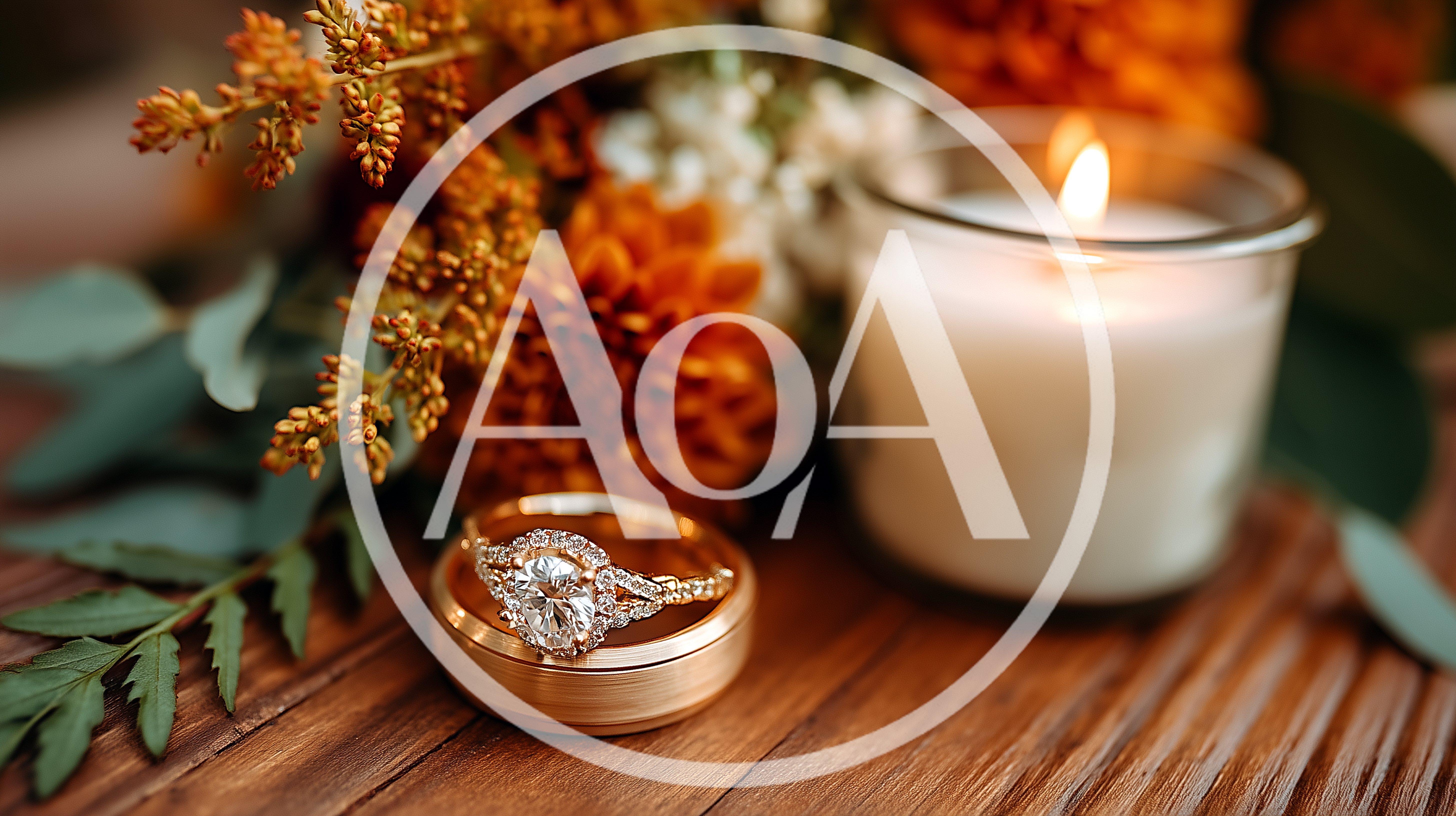 Wedding Rings With Candle And Autumn Flowers