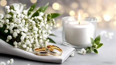 Wedding Rings With Baby Breath Flowers And Candle