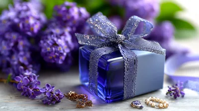 Blue Gift Box With Lilac Flowers And Jewelry