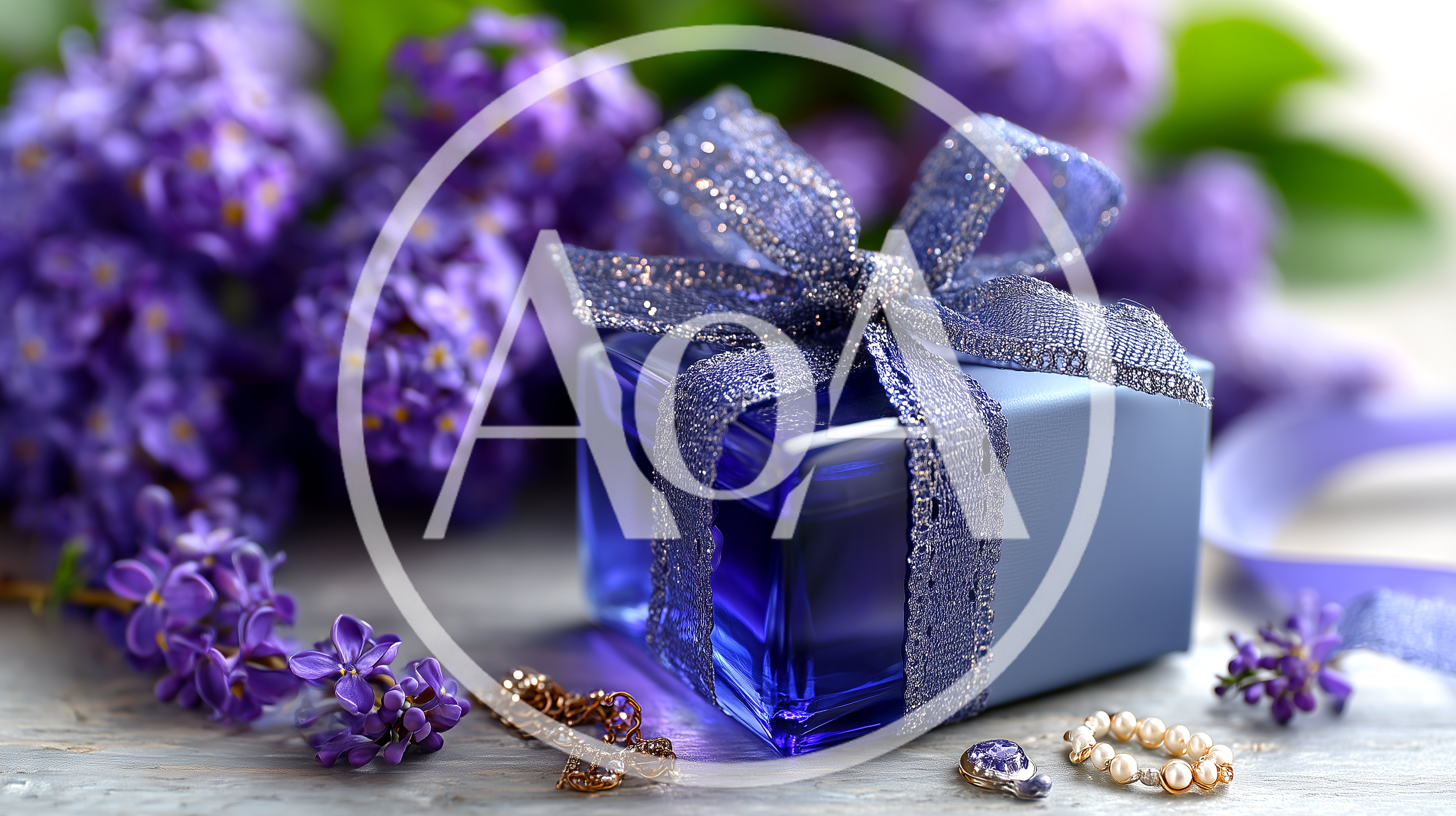 Blue Gift Box With Lilac Flowers And Jewelry