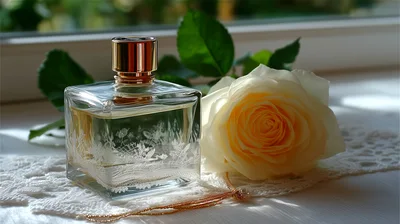 Perfume Bottle With A Pale Yellow Rose