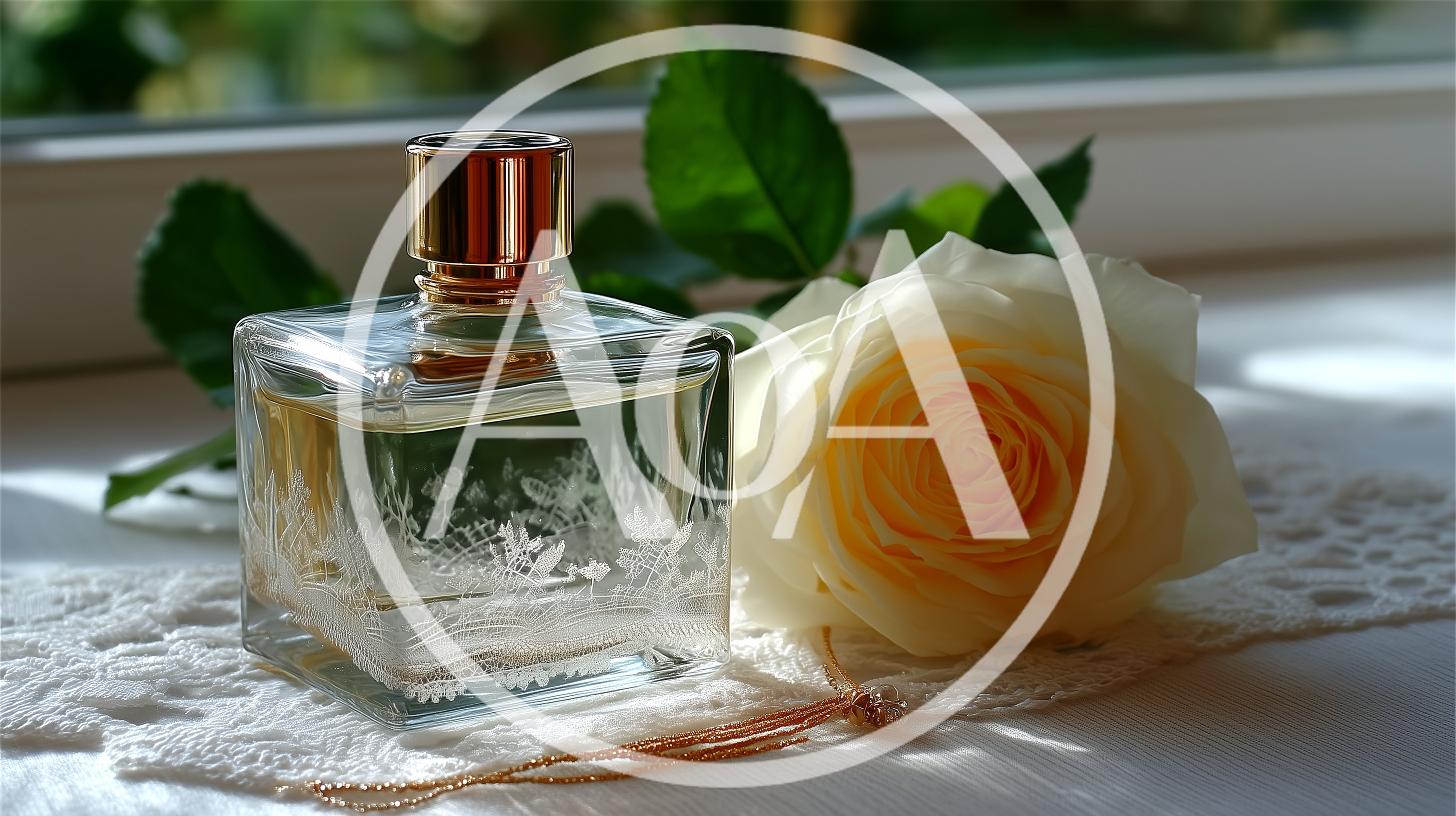 Perfume Bottle With A Pale Yellow Rose