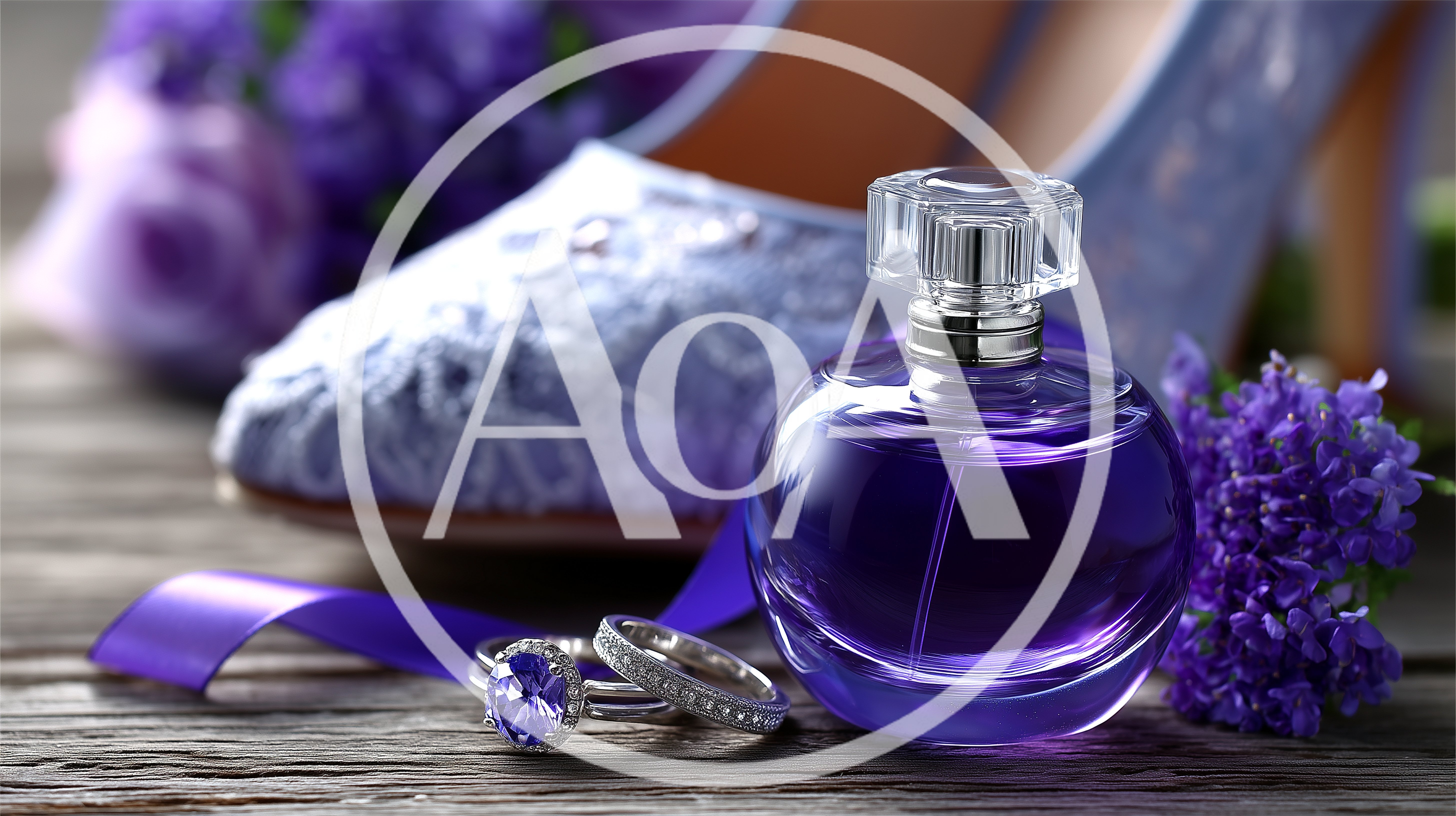 Wedding Perfume Bottle With Rings And Bridal Shoes