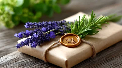 Gift Wrapped In Brown Paper With Lavender And Rosemary