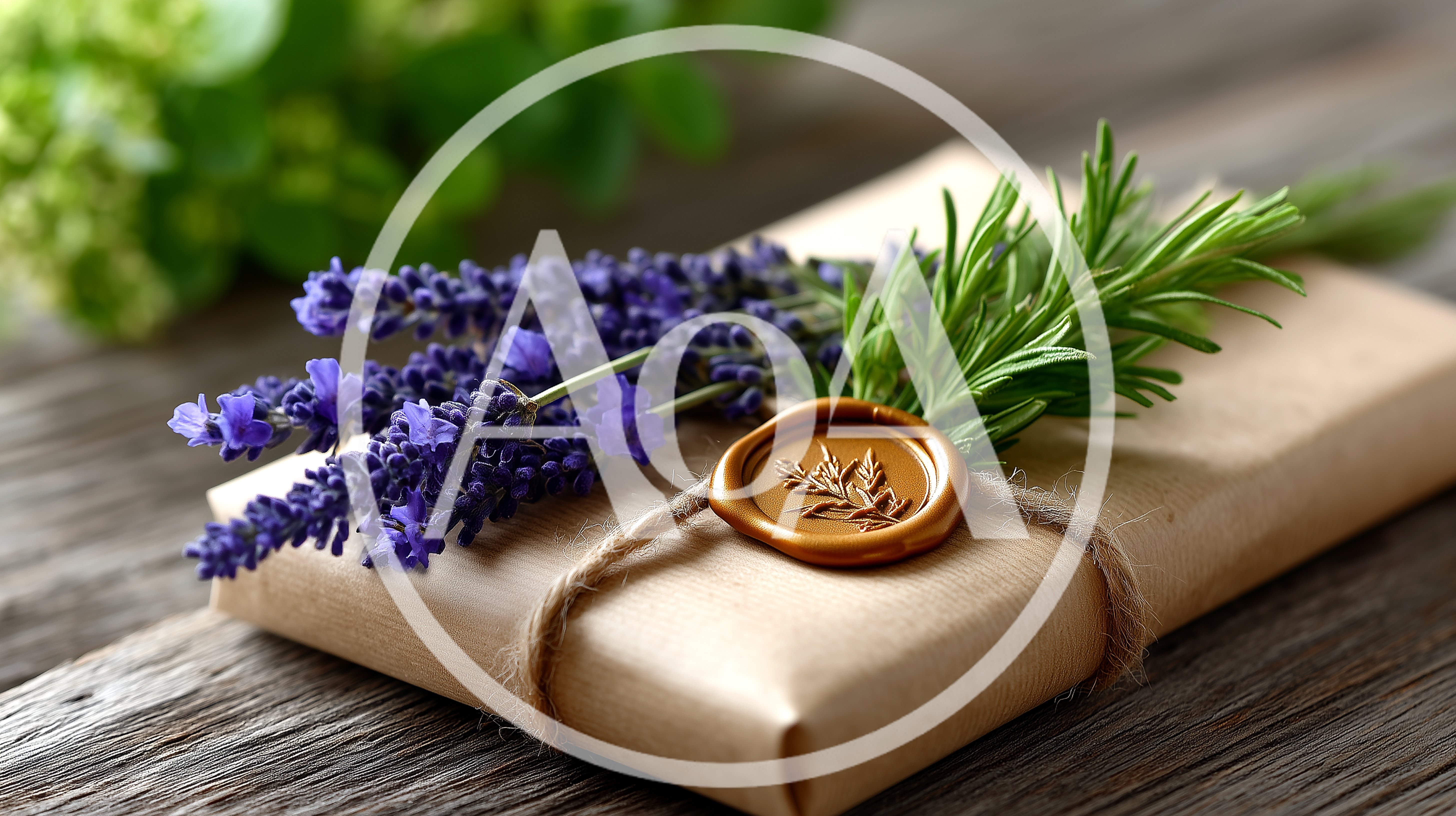 Gift Wrapped In Brown Paper With Lavender And Rosemary