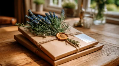 Wrapped Gift Boxes Decorated With Lavender Sprigs
