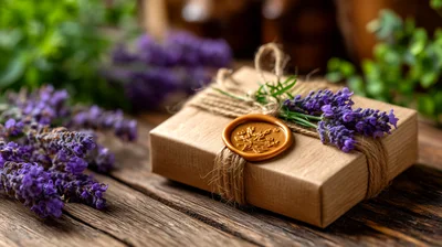 Gift Box Decorated With Lavender Sprigs And Wax Seal