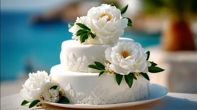 Two Tier White Wedding Cake With Peonies
