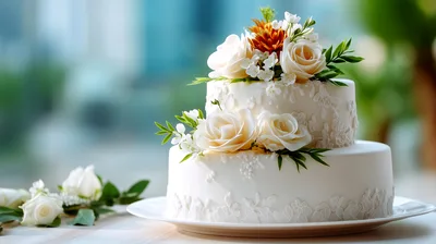 Two Tier White Wedding Cake With Floral Decorations