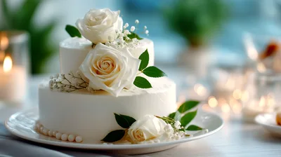 Two Tier White Wedding Cake With Roses