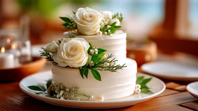 Two Tier White Wedding Cake With Floral Decorations