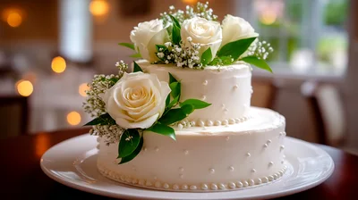 Two Tier White Wedding Cake With Roses