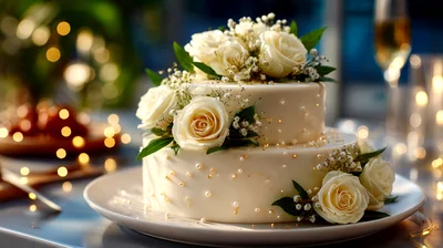Two Tier Wedding Cake Decorated With White Roses