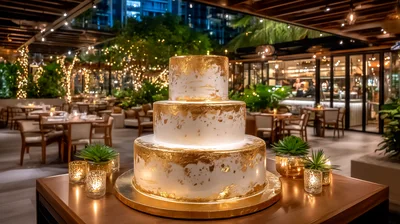 Three Tiered Wedding Cake With Gold Leaf Accents