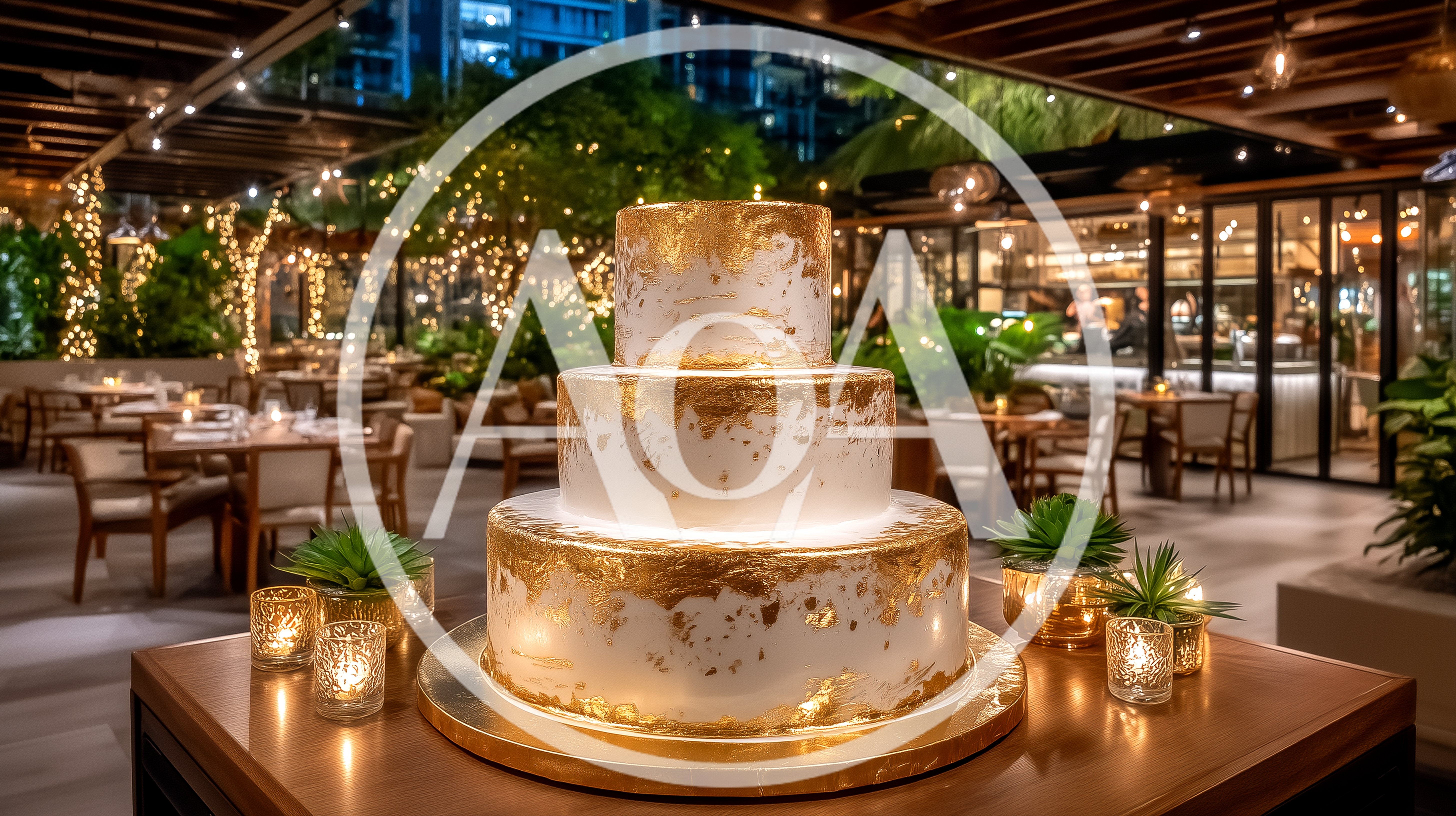 Three Tiered Wedding Cake With Gold Leaf Accents