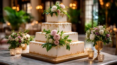 Four Tier Square Wedding Cake With Floral Decorations