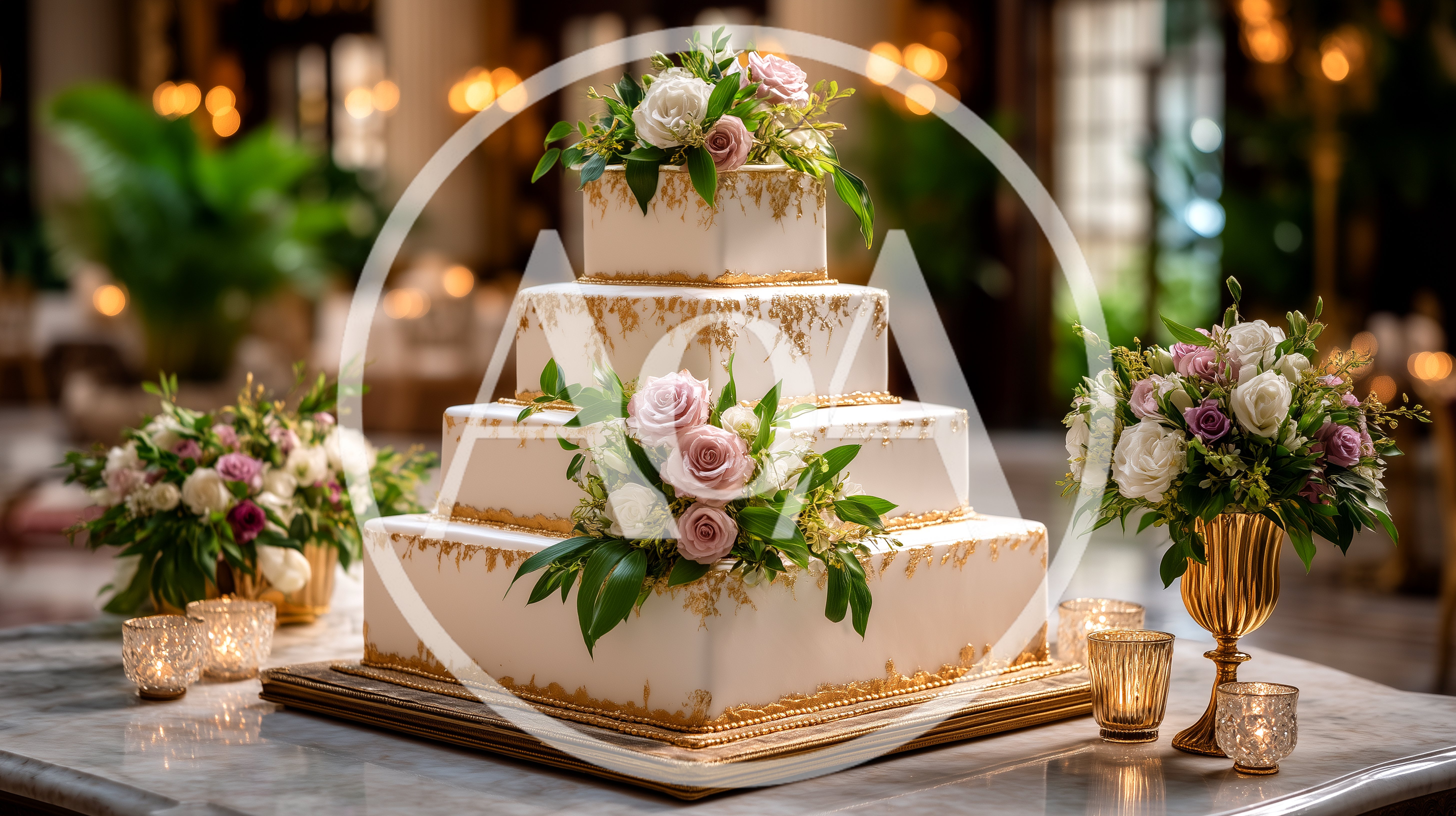 Four Tier Square Wedding Cake With Floral Decorations