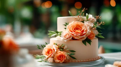 Two Tier Wedding Cake Decorated With Fresh Peach Roses