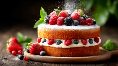 Fresh Berry Sponge Cake With Powdered Sugar