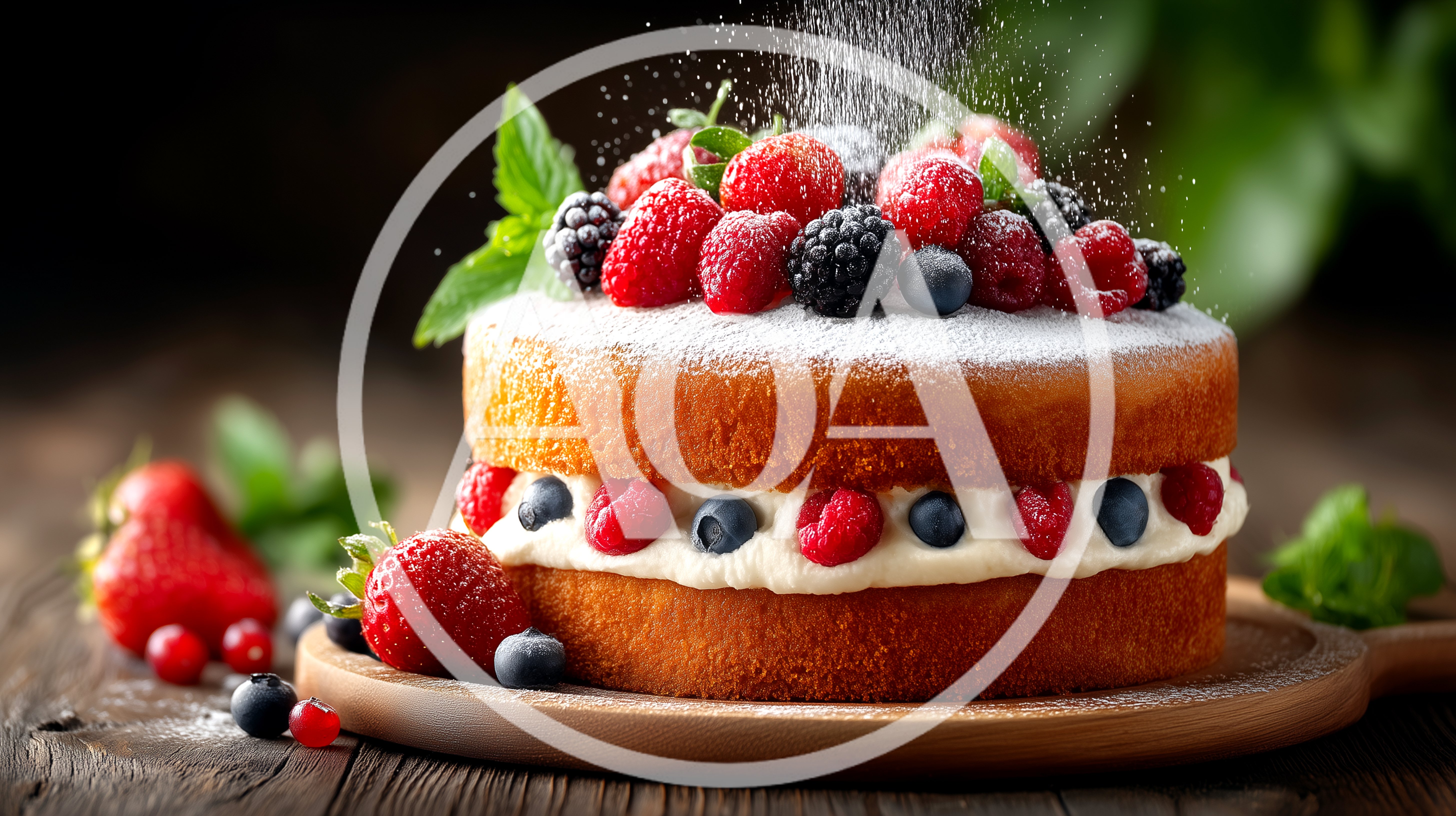 Fresh Berry Sponge Cake With Powdered Sugar