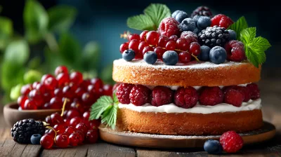 Fresh Berry Layer Cake With Red Currants And Raspberries