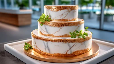 Three Tiered Marble Wedding Cake With Gold Accents