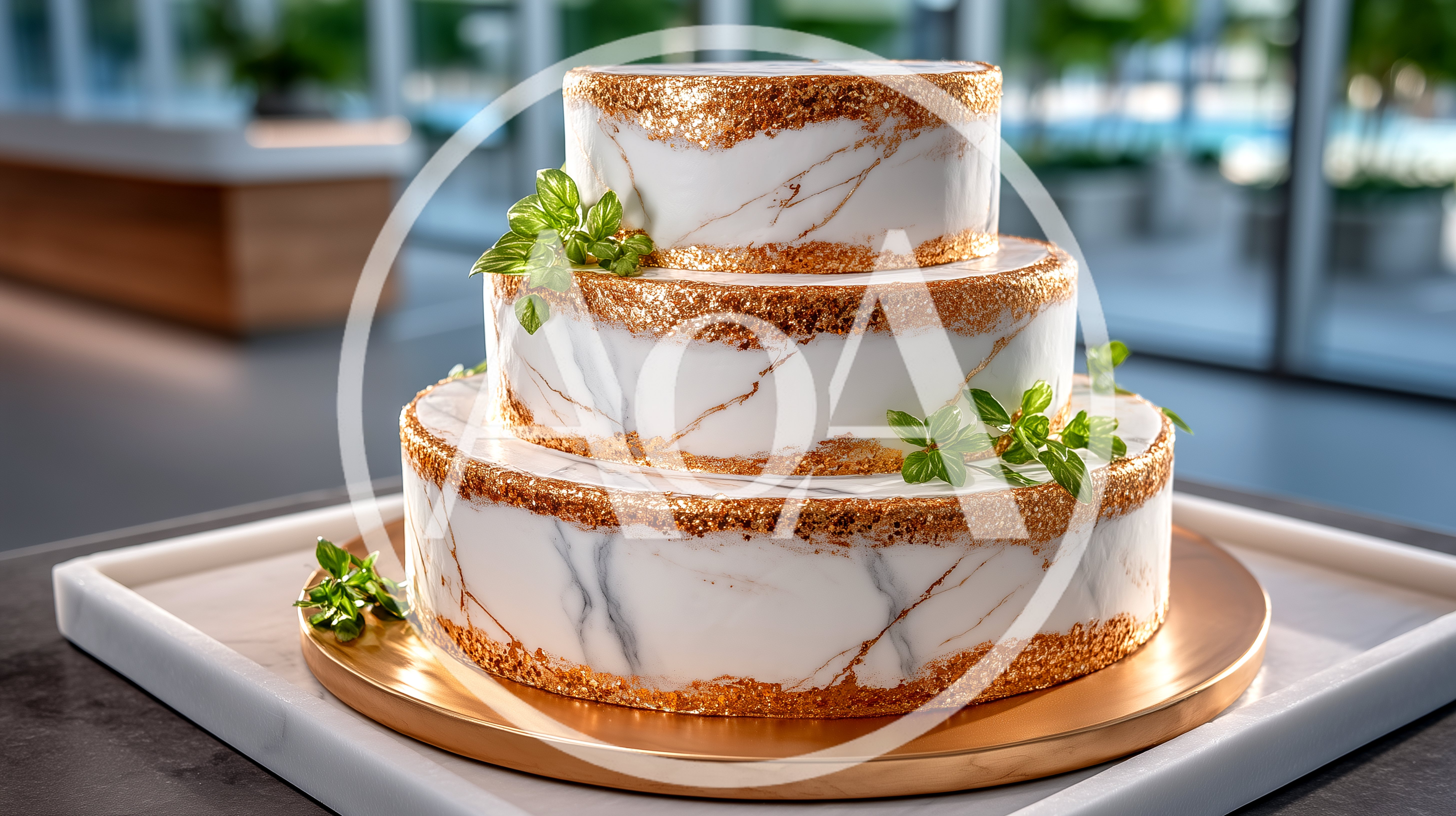 Three Tiered Marble Wedding Cake With Gold Accents