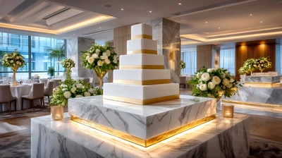Elegant Multi-Tiered Wedding Cake On Marble Pedestal