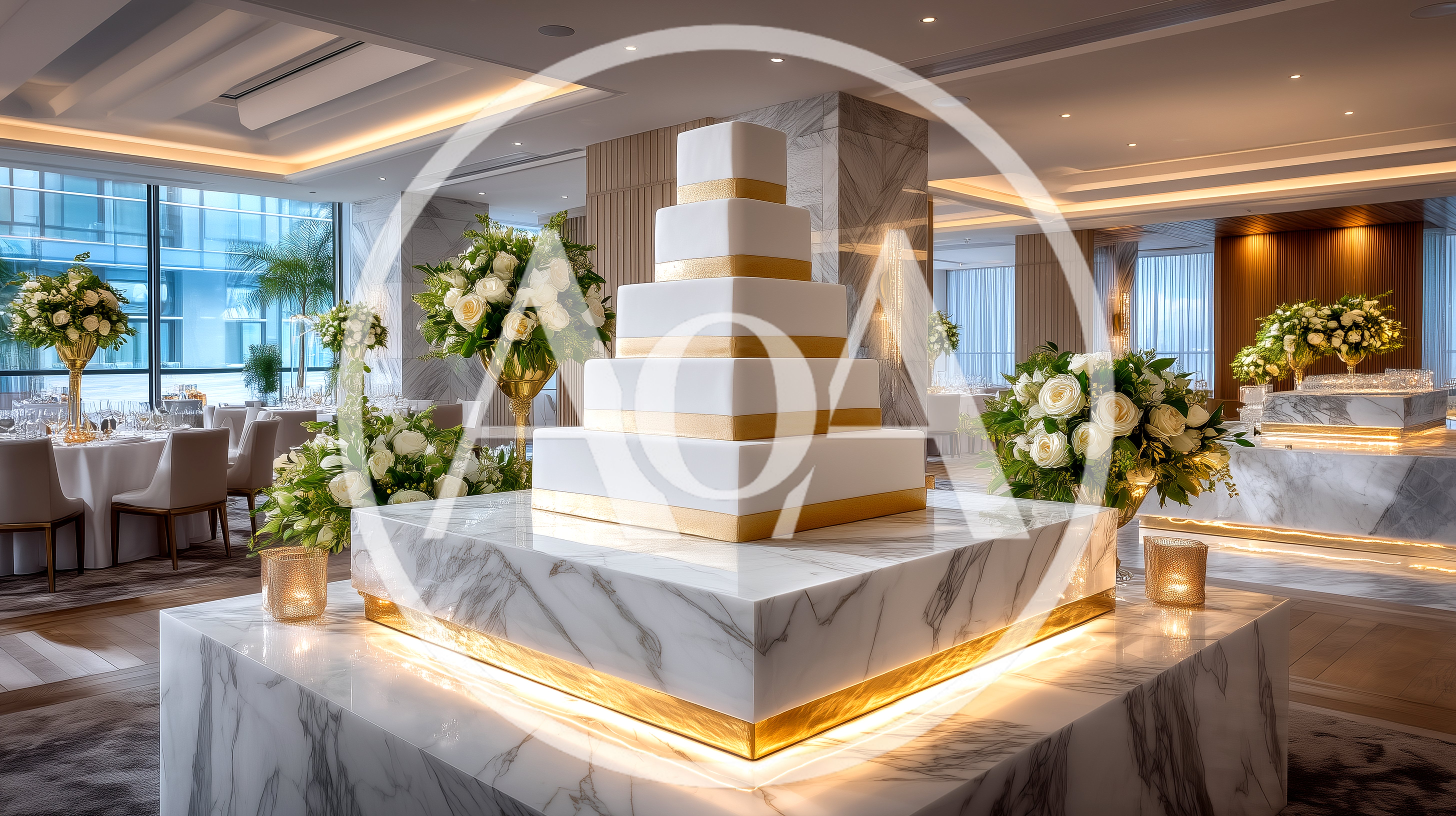 Elegant Multi-Tiered Wedding Cake On Marble Pedestal