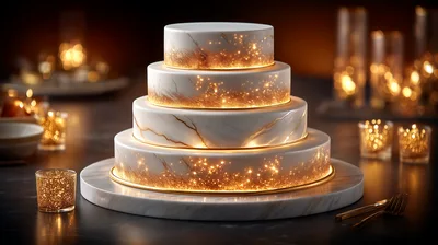 Four Tiered Marble Wedding Cake With Golden Lights