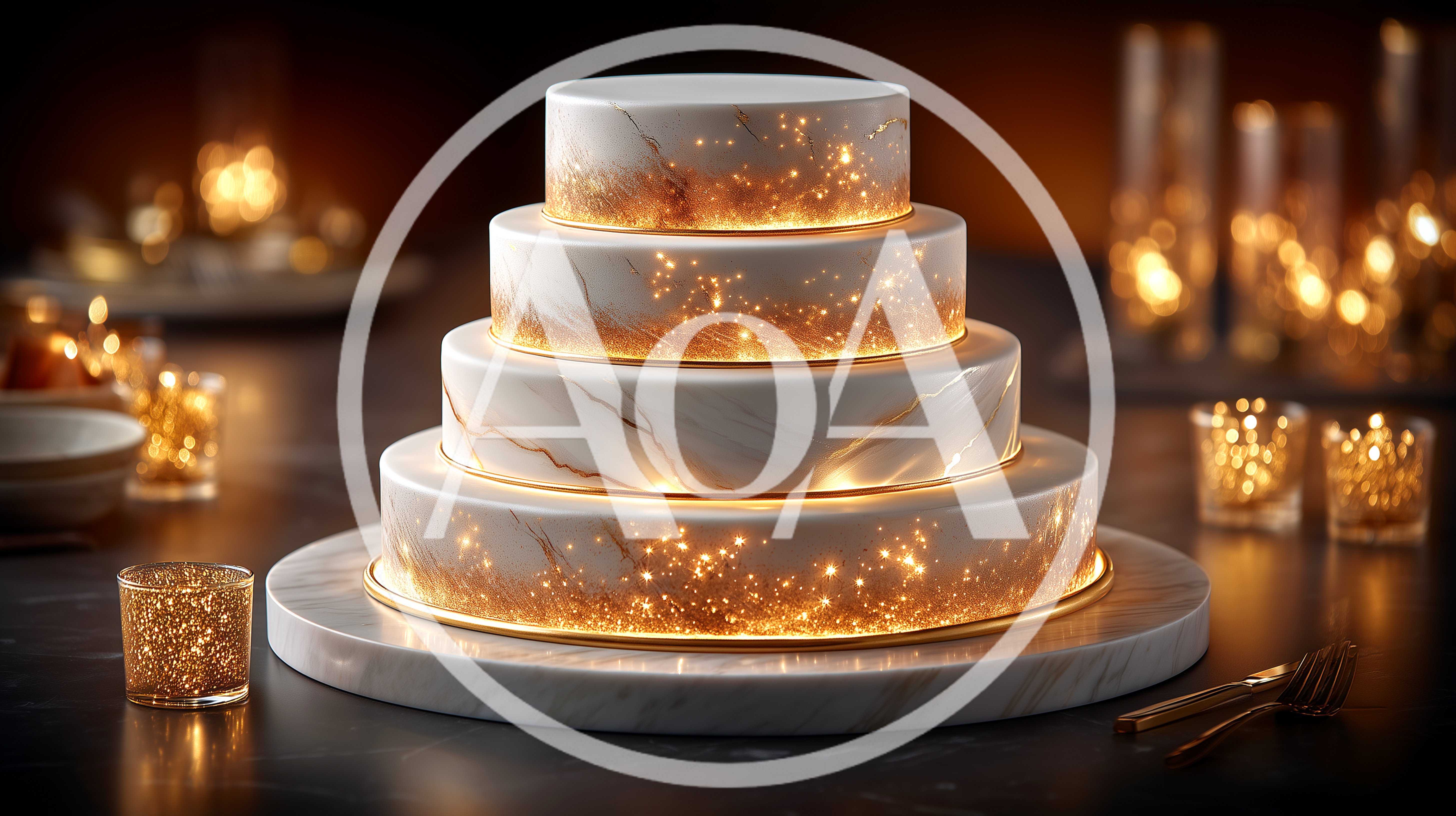 Four Tiered Marble Wedding Cake With Golden Lights