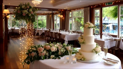 Elegant Wedding Cake Display In A Decorated Restaurant
