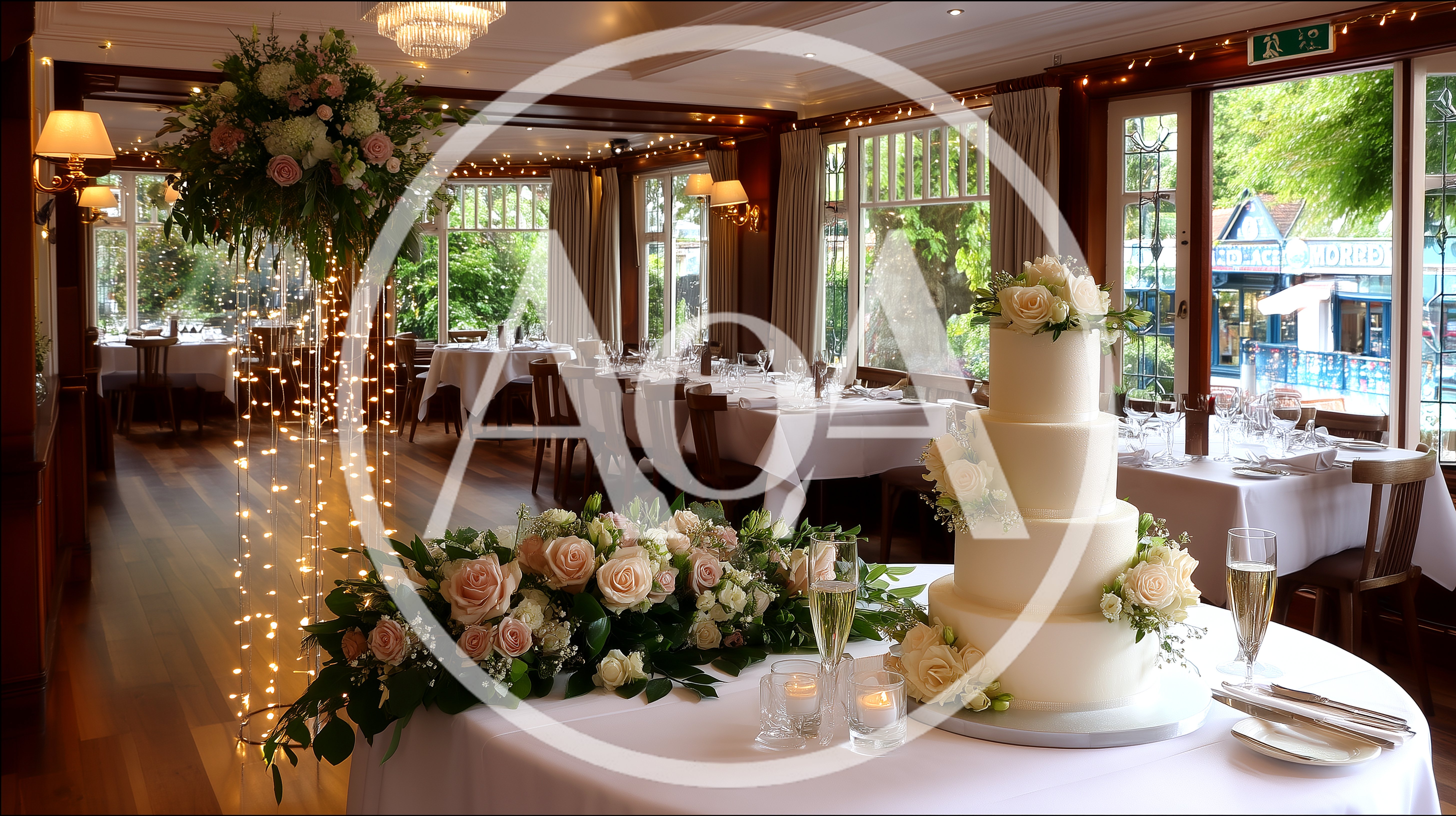 Elegant Wedding Cake Display In A Decorated Restaurant