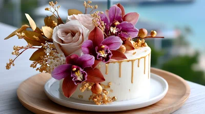 Elegant Floral Decorated Cake With Gold Drip