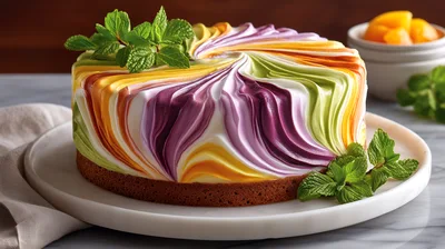 Swirled Multi-Colored Frosted Cake With Mint Garnish