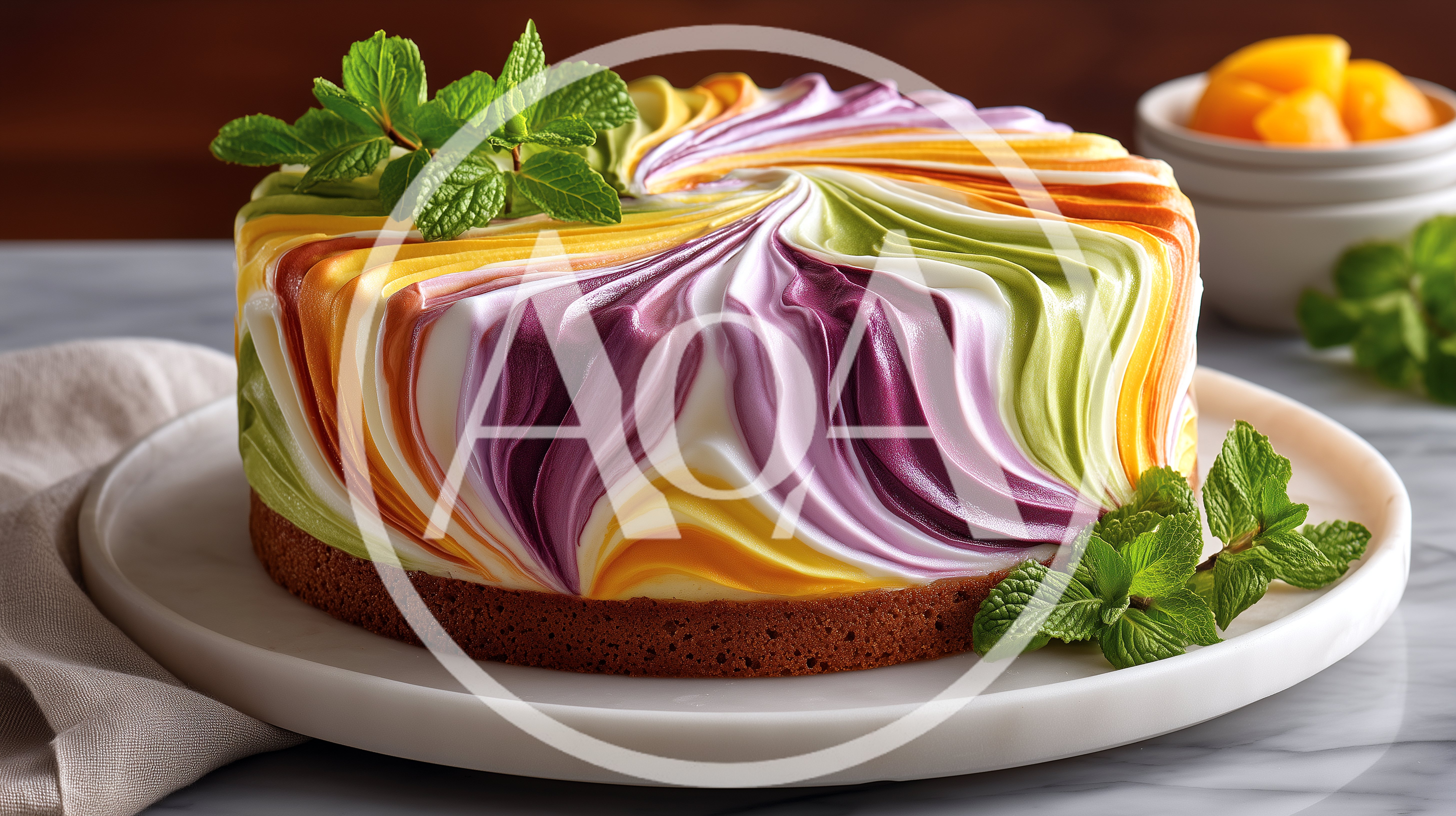 Swirled Multi-Colored Frosted Cake With Mint Garnish
