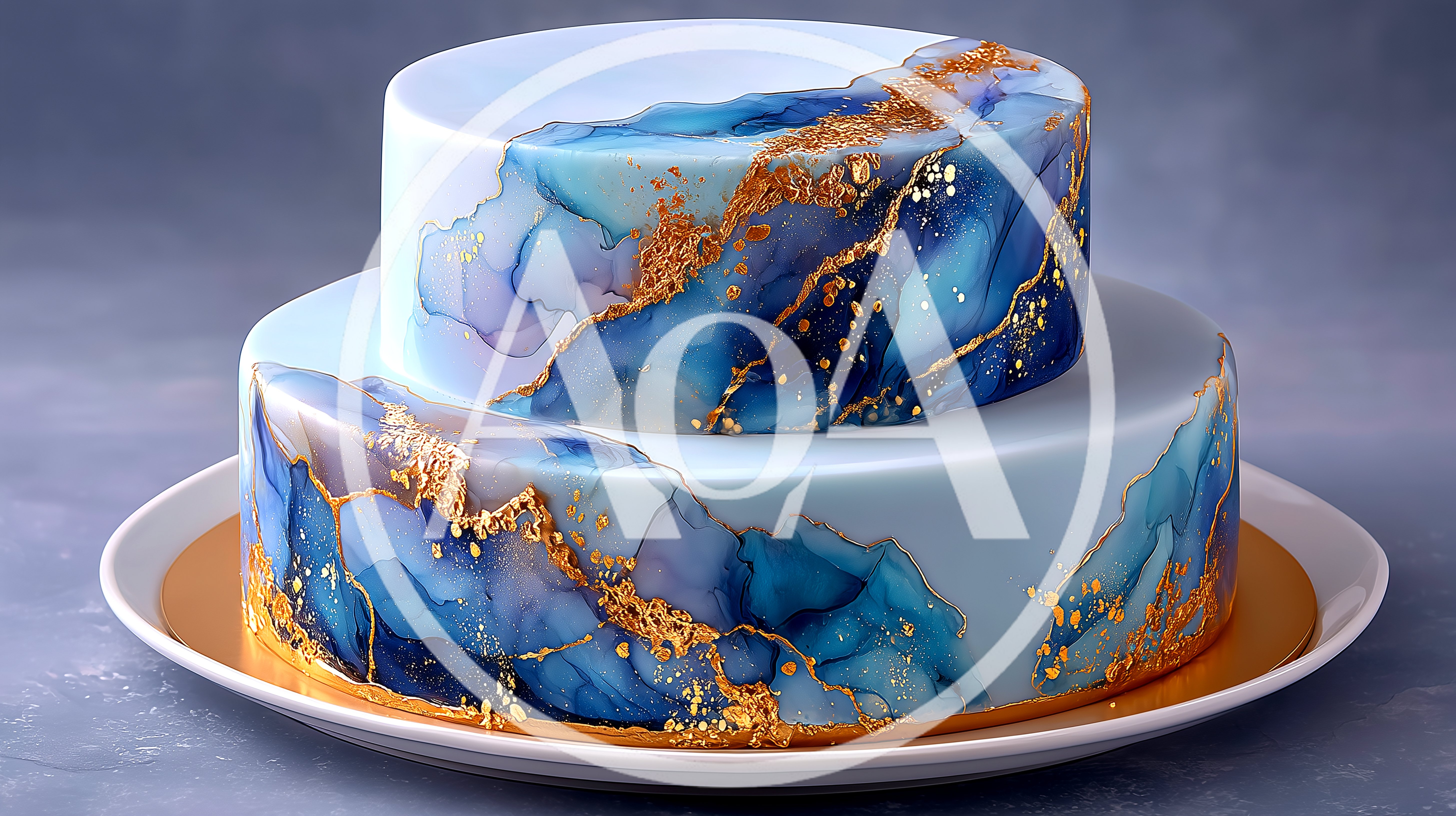 Two Tiered Blue Watercolor Cake With Gold Leaf