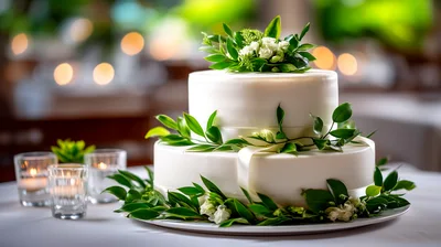 Two Tier White Wedding Cake With Greenery