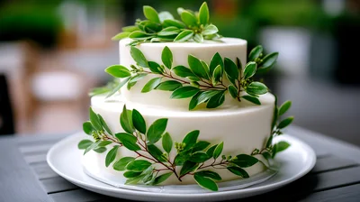 Two Tier White Wedding Cake With Greenery