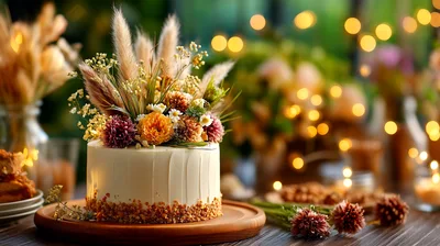 Rustic Floral Decorated Cake On Wooden Platter